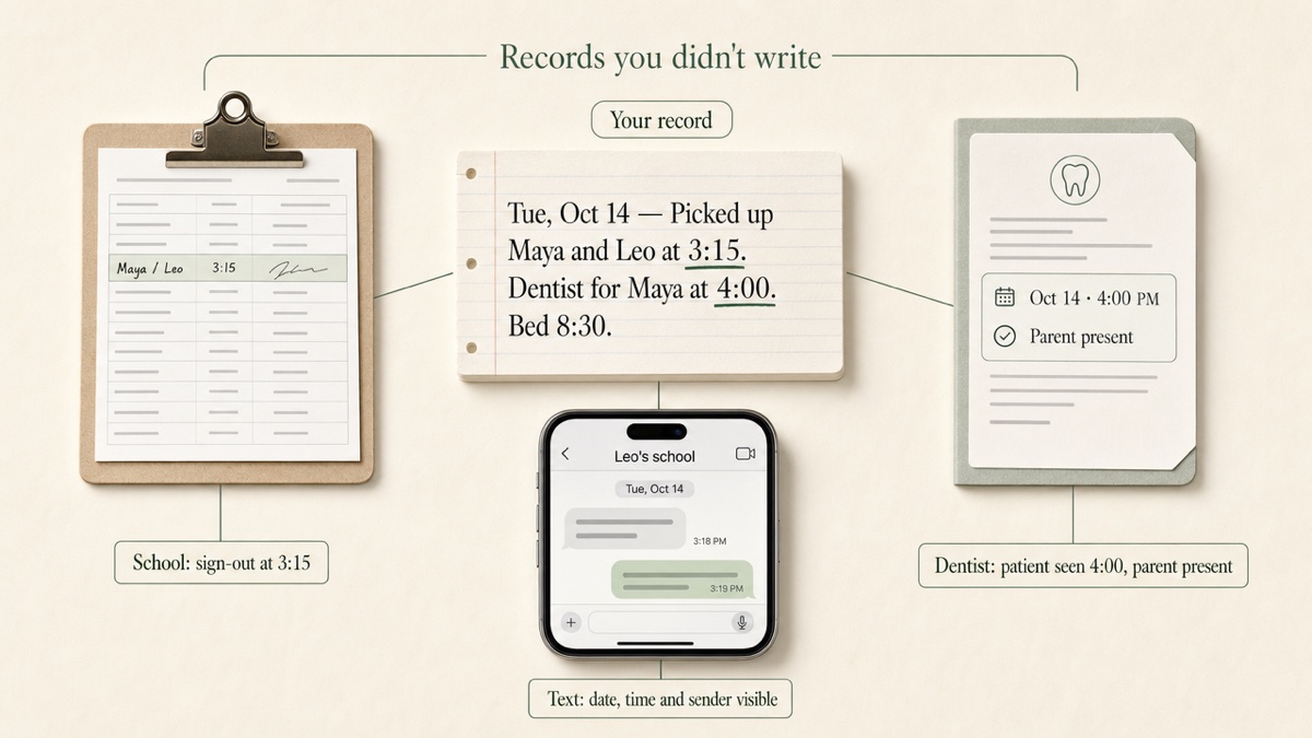 A single parenting log entry in the center, connected by lines to three outside records that confirm it: a school sign-out sheet, a dental appointment record and a text message screenshot.