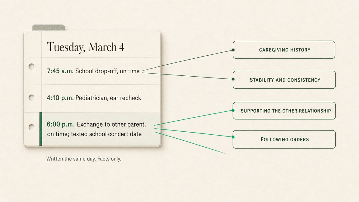 A diagram of one Tuesday with three dated entries, each connected by lines to the best-interest factor themes it speaks to.
