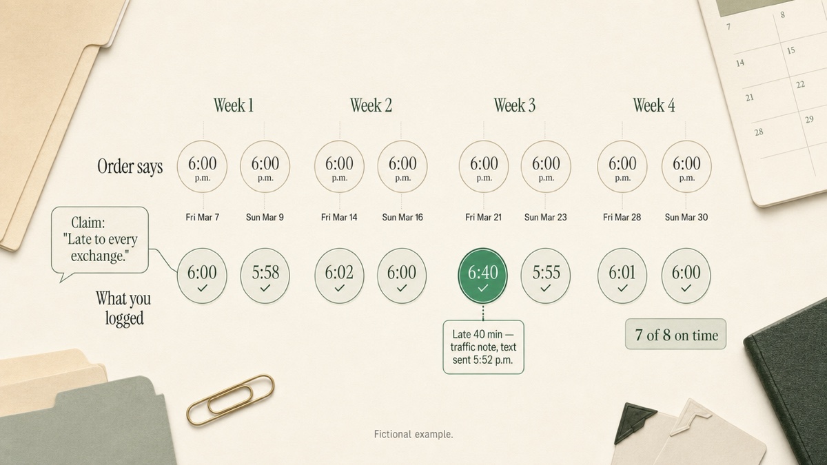 Timeline of eight scheduled exchanges over four weeks. Seven are logged on time and one is logged 40 minutes late. A callout quoting the claim 'late to every exchange' points at the row.
