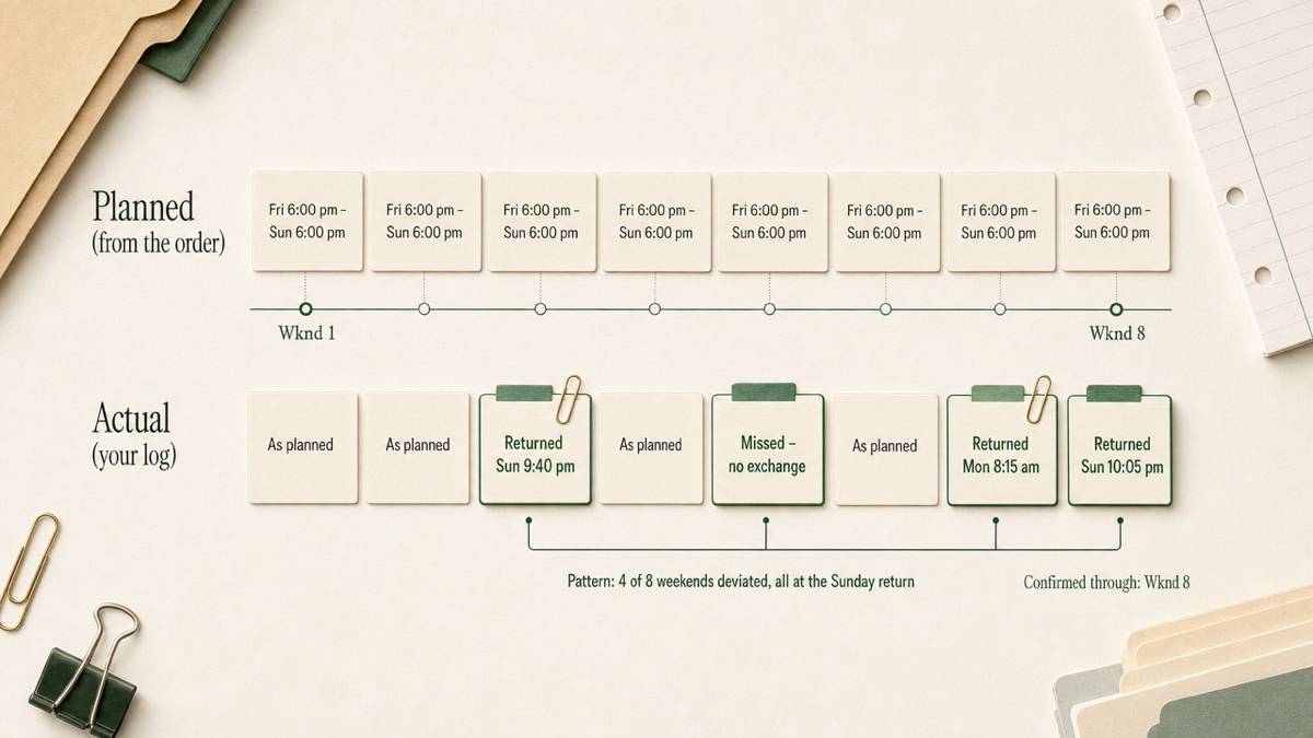 Two parallel timelines covering eight alternating weekends. The top row shows planned weekends from the order; the bottom row shows what happened, with four weekends marked missed or late, all on the Sunday return.