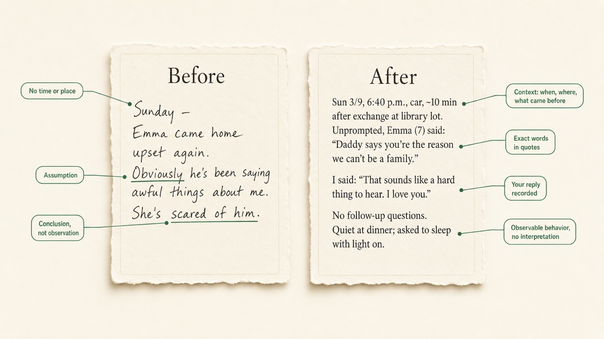 Two notebook-style log entries side by side. The left entry is an emotional summary. The right is a dated, factual entry quoting the child's exact words with context.