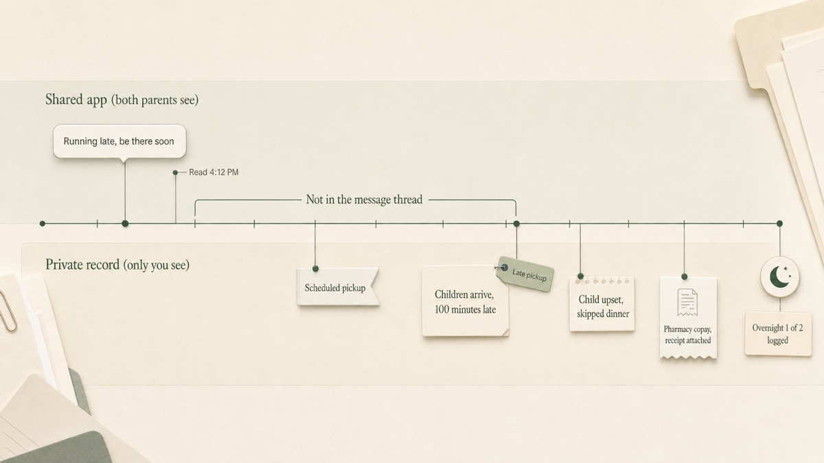 A horizontal timeline of one Friday evening exchange, with events above the line captured in a shared co-parenting app and events below the line captured only in a parent's private record.