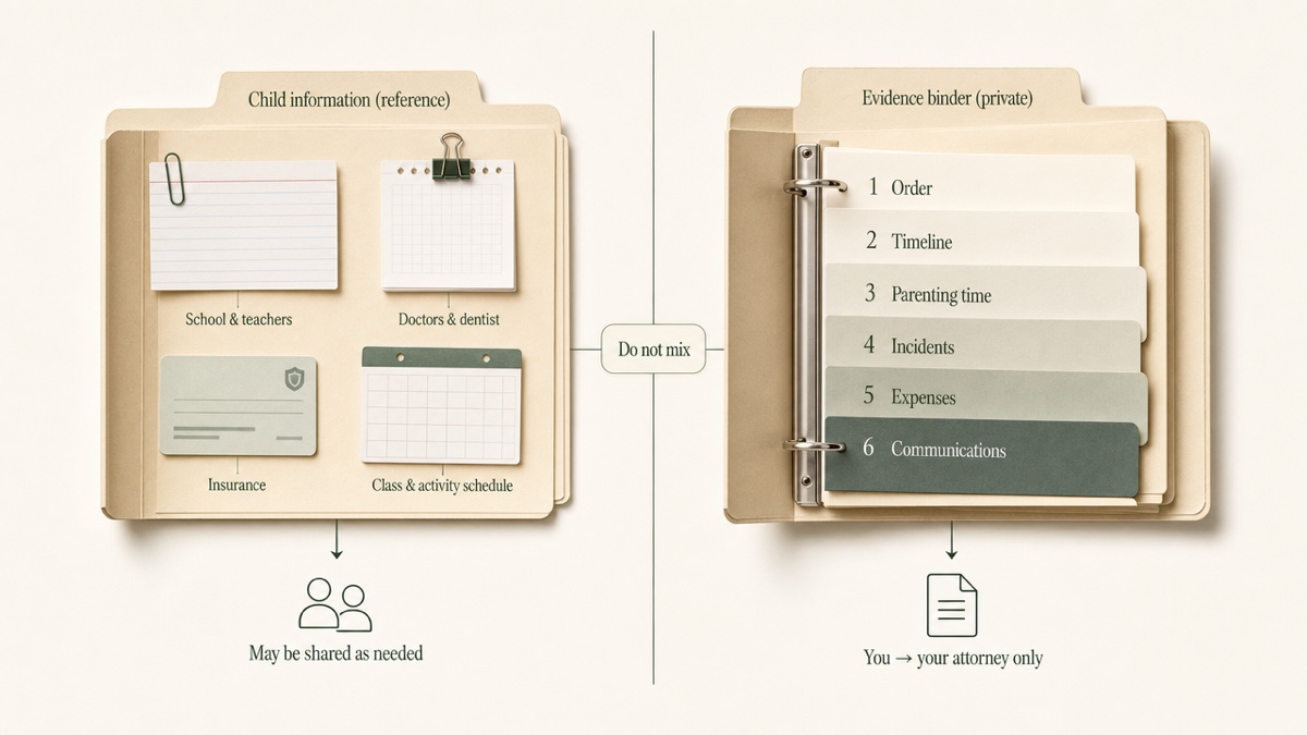 Two side-by-side folders. The left folder, labeled Child information, holds school contacts, medical providers, insurance and schedules, and an arrow shows it may be shared. The right folder, labeled Evidence binder, holds the order, timeline, parenting time, incidents, expenses and communications, and an arrow shows it goes only to you and your attorney.