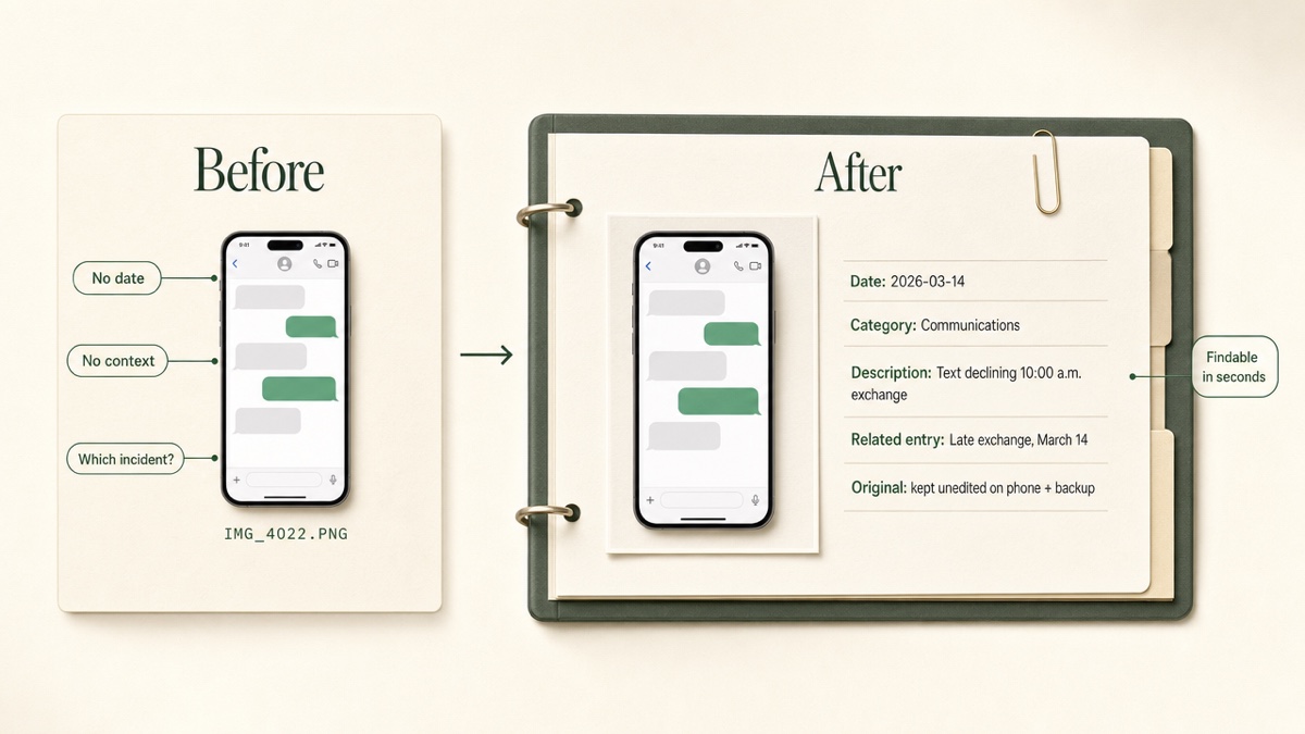 Before and after comparison. Left: a phone screenshot file named IMG_4022 with no date or context. Right: the same screenshot as a binder item with a date, category, description, related incident and the original file location noted.