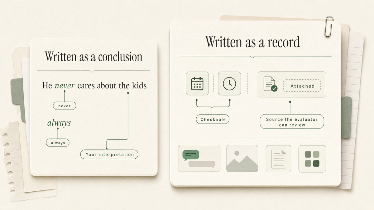 Side-by-side comparison of a timeline entry written as a conclusion versus as a dated factual record with supporting evidence.