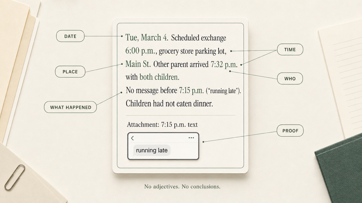 A single custody log entry with callouts labeling the date, time, place, people present, what happened, and the attached screenshot.