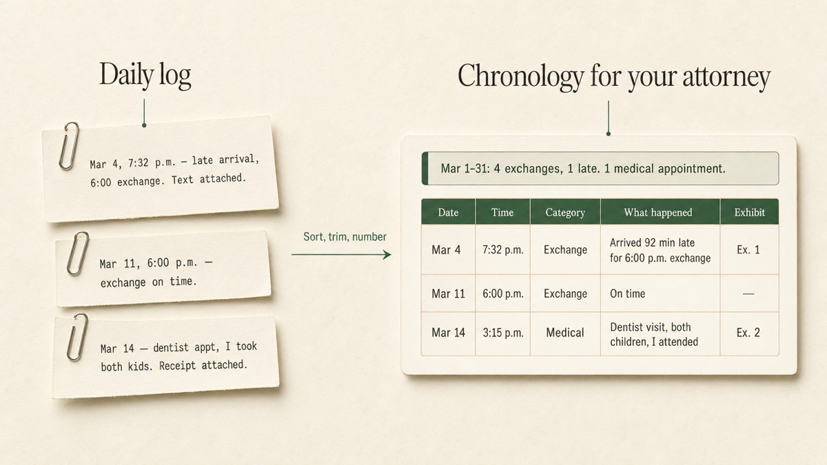 Before and after: three handwritten-style log entries on the left become three rows of a chronology table with exhibit numbers on the right.