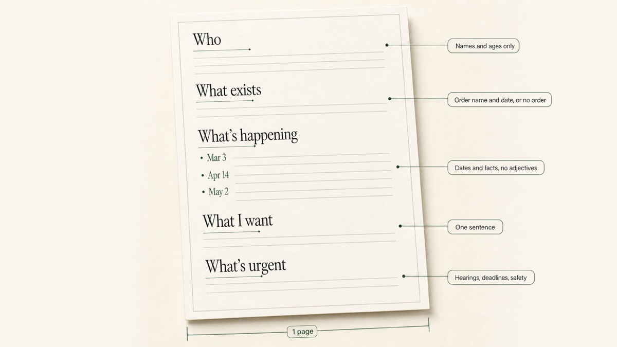 Annotated mock-up of a one-page custody consultation summary divided into five labeled sections, with callouts explaining each section.