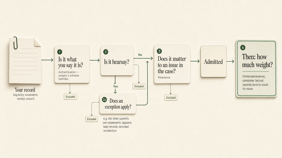 Decision flow showing a custody record moving through authentication, hearsay, and relevance checks before a judge admits it and weighs it.