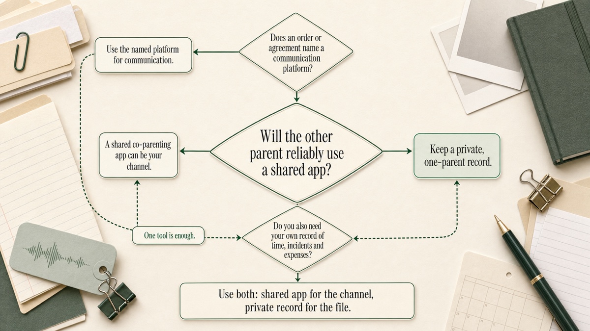 Decision flow. It starts with whether a court or agreement names a communication platform, then asks whether the other parent will reliably use a shared app, then asks whether you also need your own record. Endpoints are shared app, private record, or both.