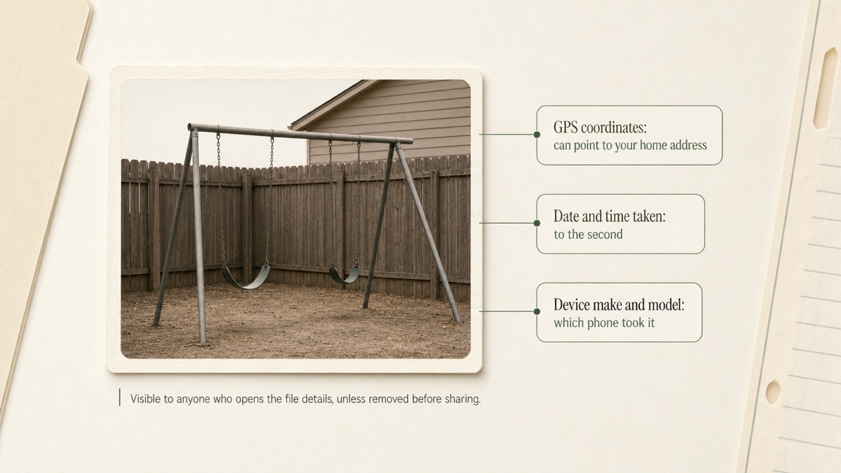A photo of a backyard swing set with callouts showing hidden metadata fields: GPS coordinates, date and time taken, and device model.