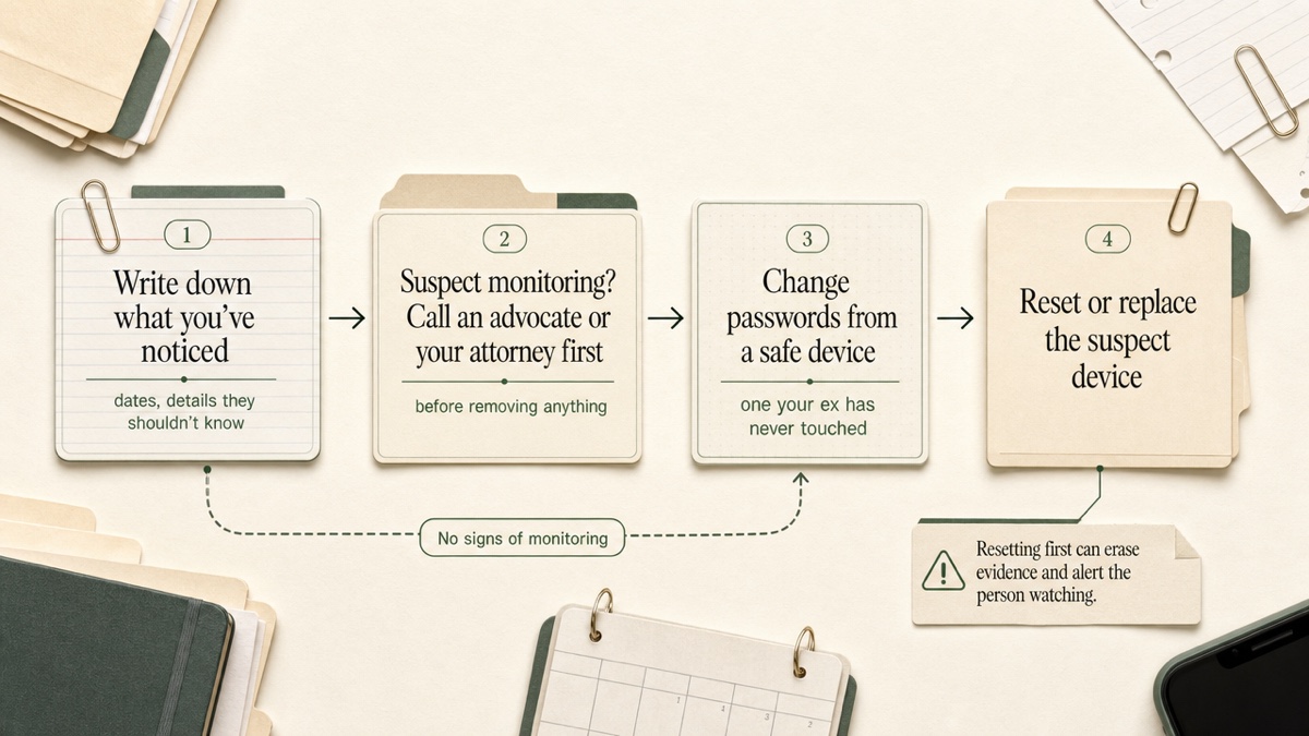 A four-step flow: document what you notice, consult an advocate or attorney if monitoring is suspected, change passwords from a safe device, then reset or replace compromised devices.