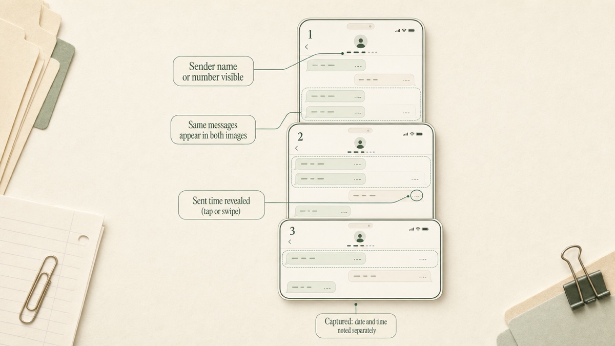 Three phone screenshots of a text thread arranged vertically, each overlapping the next by about half, with the shared messages highlighted where they overlap.