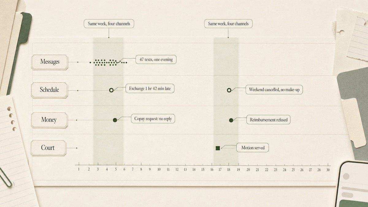 A one-month timeline with four horizontal lanes labeled Messages, Schedule, Money, and Court, showing dated incident markers that cluster around the same weeks.