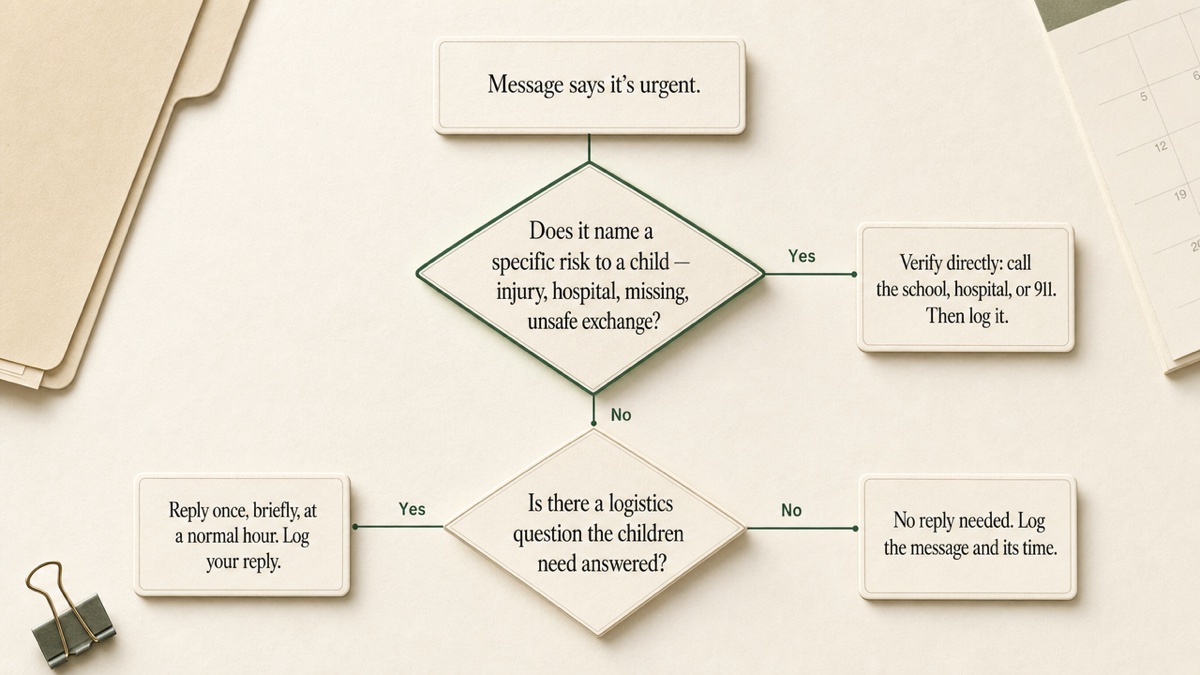 Decision flow starting from an urgent-sounding message, splitting into a real emergency path and a manufactured urgency path.