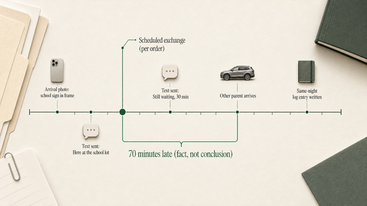 A horizontal timeline of a single Friday evening exchange, showing the scheduled time, the parent's arrival photo and text, a waiting text, and the other parent's late arrival, with a same-night log entry at the end.