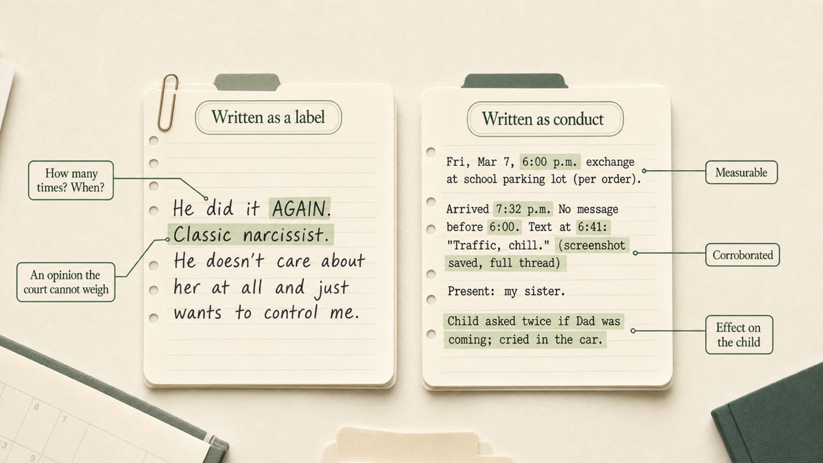 Side-by-side comparison of two log entries about the same late pickup. The left entry is emotional and labels the other parent. The right entry lists date, scheduled time, actual time, notice given, witness, and effect on the child.