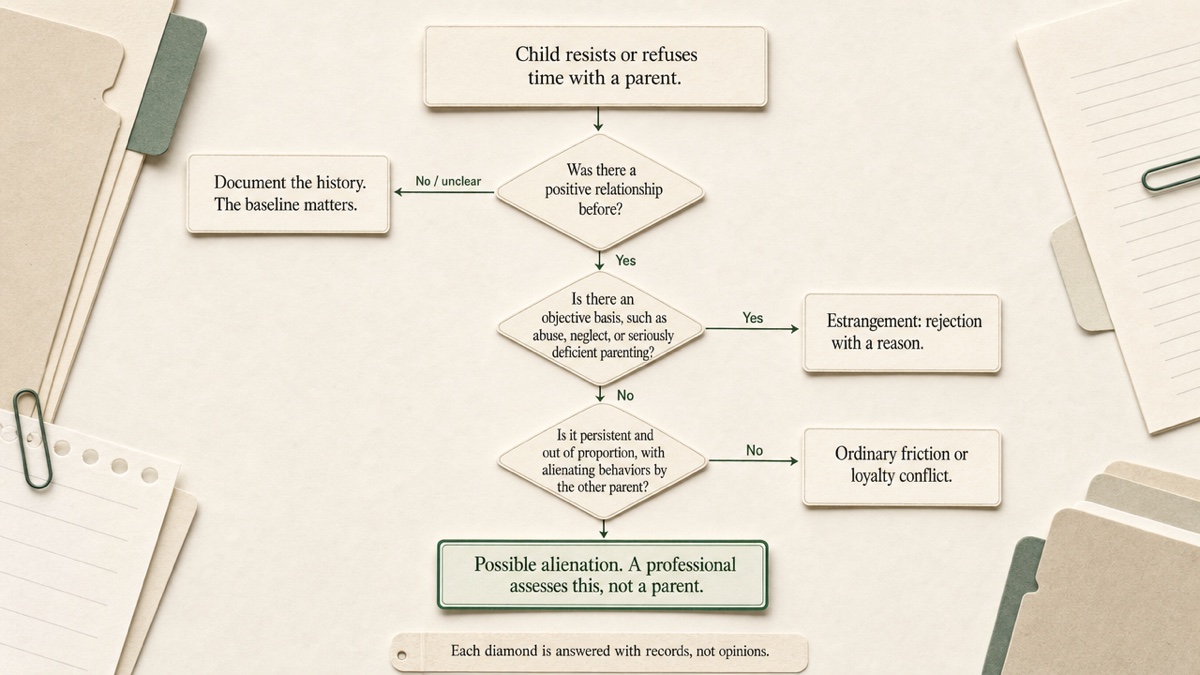 Decision flow starting from a child resisting time with a parent, branching on whether there was a prior positive relationship and whether there is an objective basis for the rejection, leading to ordinary friction, estrangement, or possible alienation for a professional to assess.