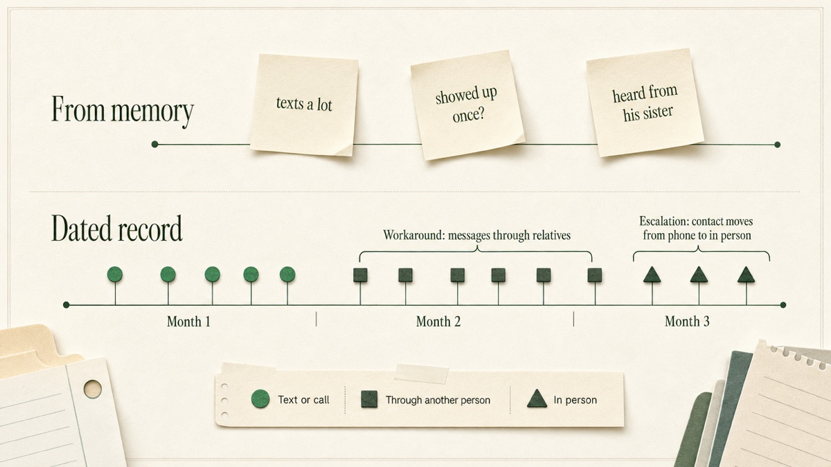 Two horizontal timelines. The top shows three scattered, undated notes. The bottom shows the same period with dated entries clustering and shifting from texts to in-person appearances.