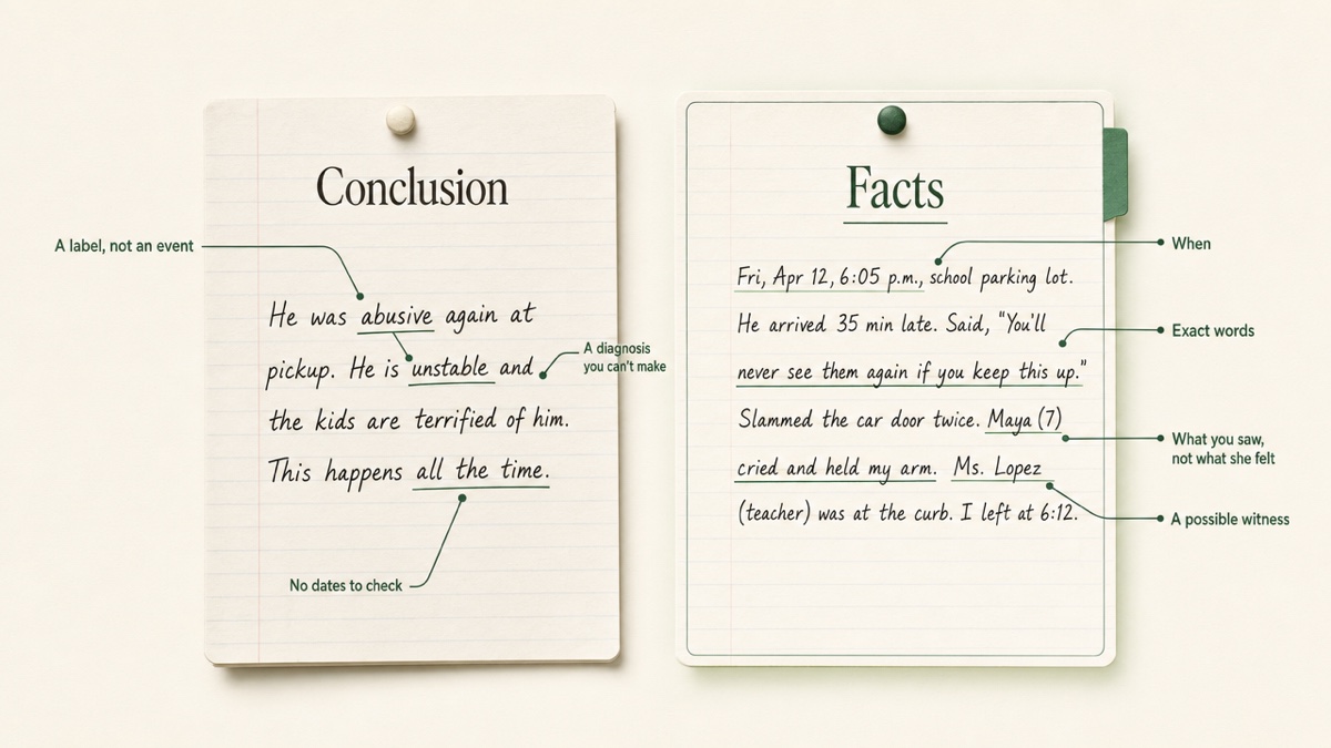 Two journal entries side by side describing the same exchange. The left entry uses labels and conclusions. The right entry lists the date, time, place, quoted words, actions, and who was present.
