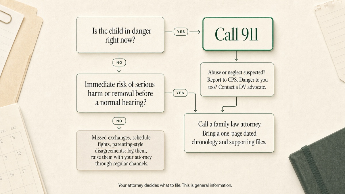 Decision flow starting with whether the child is in danger right now, leading to calling 911, then CPS or an advocate, then contacting a family law attorney with a dated chronology, versus routine disputes that go to the regular record.