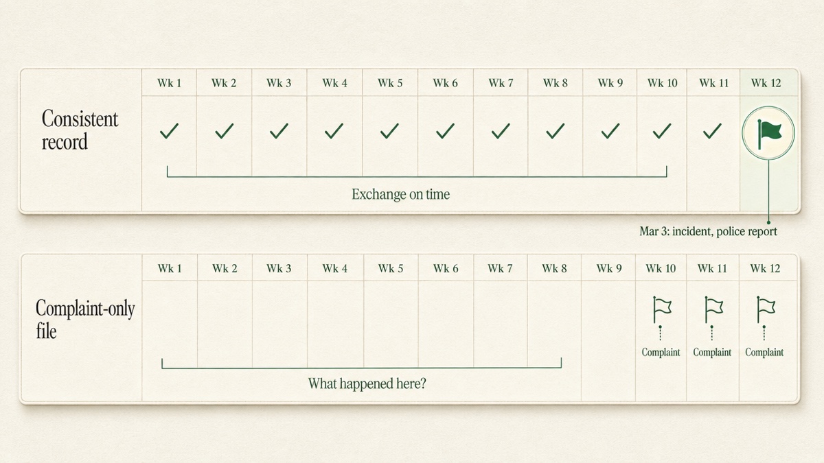Two twelve-week calendar strips compared. The top strip shows eleven weeks of routine logged exchanges and one flagged incident that stands out. The bottom strip shows mostly blank weeks with only a cluster of complaint entries at the end.