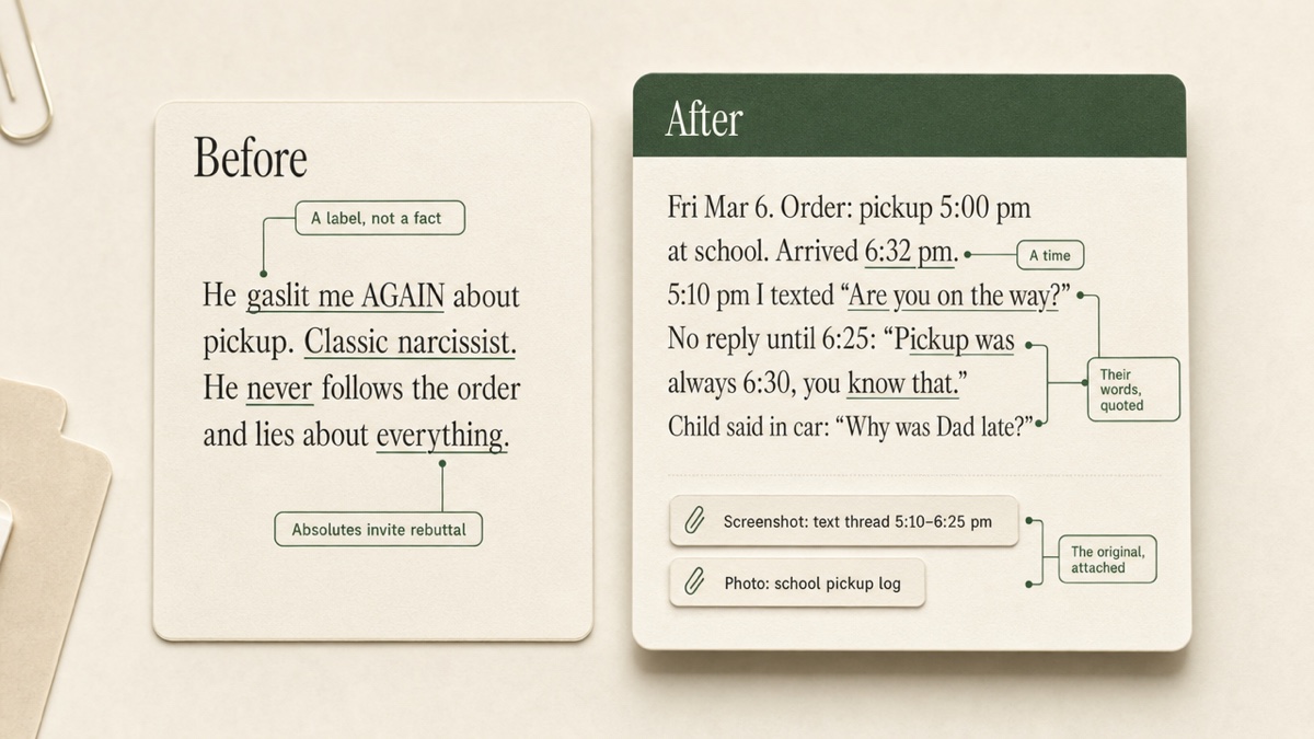 Two journal entries side by side. The left uses labels and feelings; the right records date, times, quoted words, and attachments.