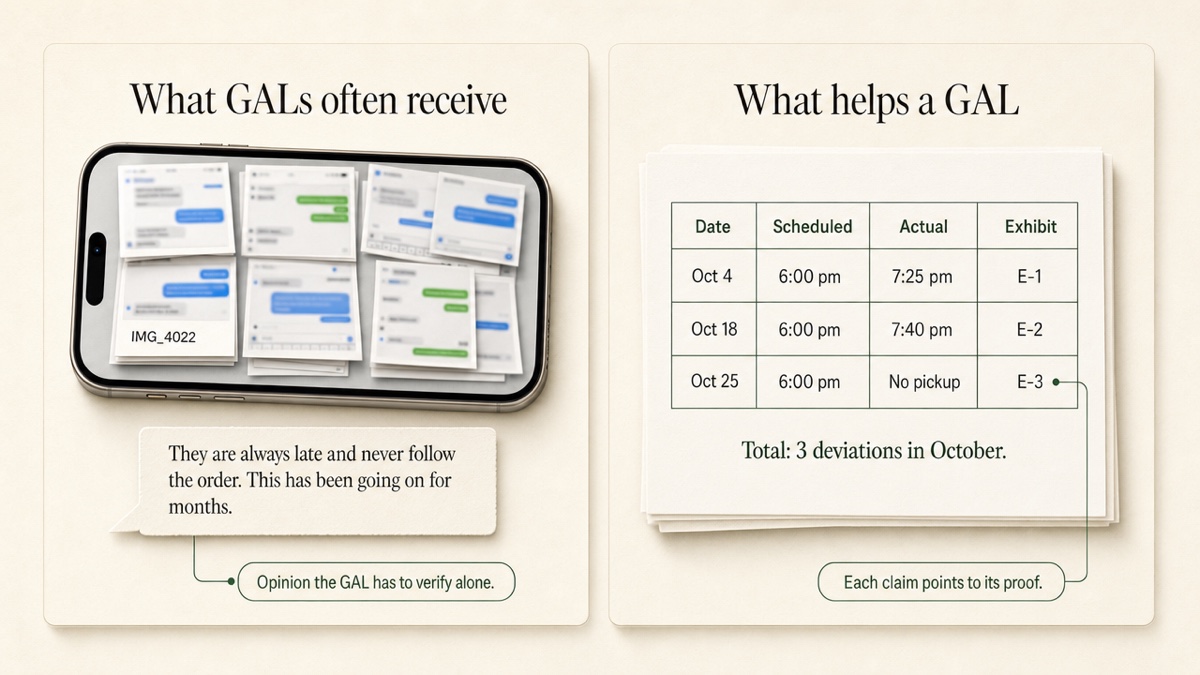 Side-by-side comparison. Left: a phone screen of unlabeled screenshots with a paragraph of complaint text. Right: a short dated table of three late pickups with times and exhibit numbers.