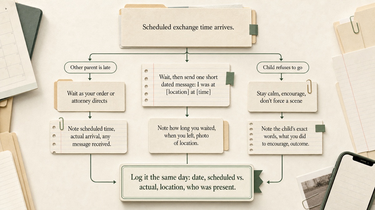 Decision flow starting at 'Scheduled exchange time arrives' and branching into late arrival, no-show, and child refuses, each ending in a log entry.