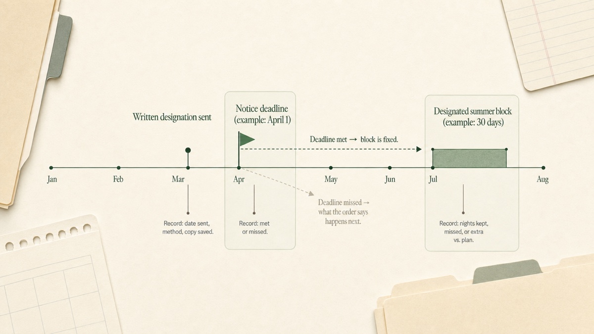 Timeline from January to August showing a notice deadline on April 1, a written designation sent before it, and a 30-day summer block in July, with what to record at each point.