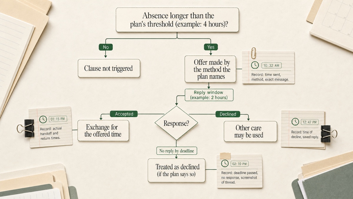 Decision flow for a right of first refusal clause, from an absence over the threshold, to the offer, to accepted, declined, or no reply, with what to record at each step.
