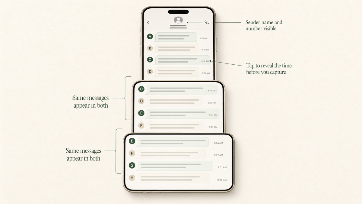 Three phone screenshots of one text thread arranged vertically, each overlapping the next by about half, with the shared messages highlighted.