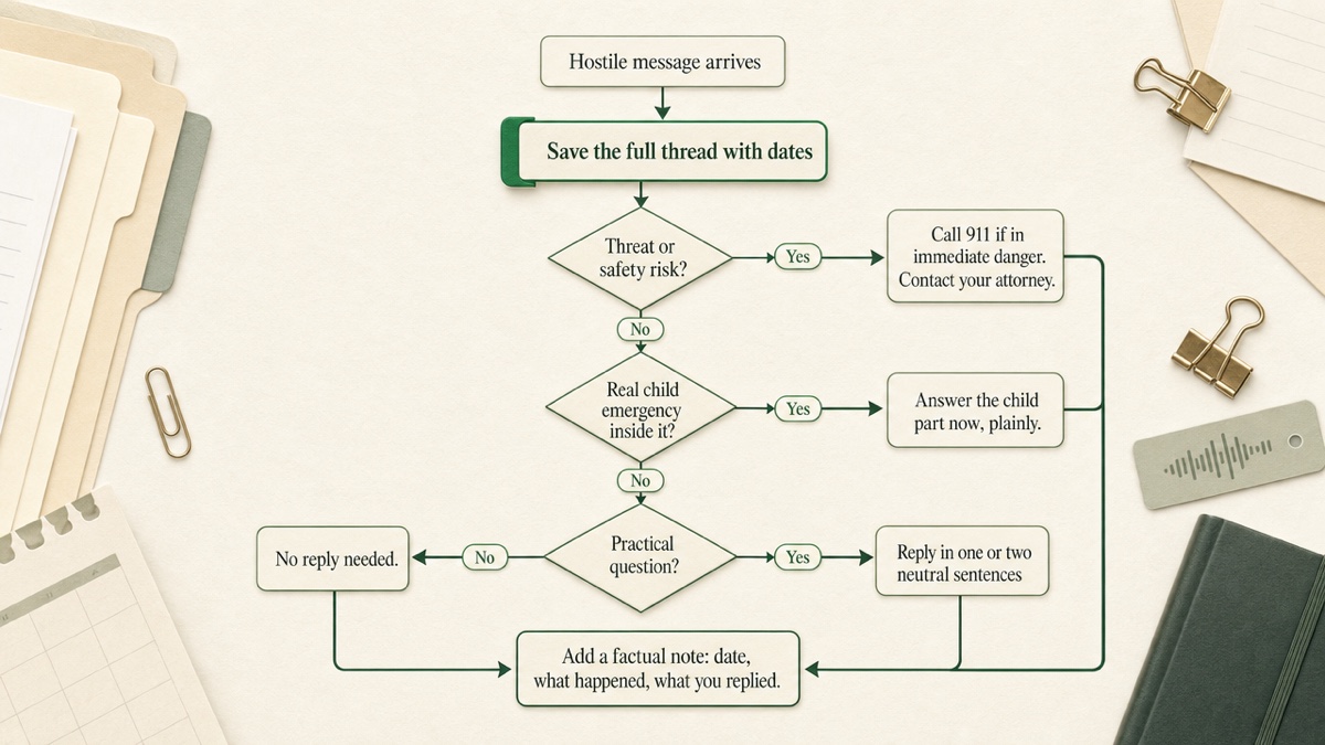 Decision flow for a hostile text: check for safety risk, then child urgency, then a practical question, ending in reply briefly, answer fast, or do not reply, with save the thread on every path.