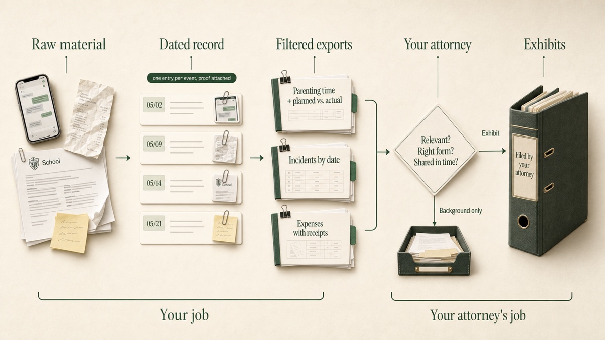 A left-to-right flow from scattered raw material to a dated record, to filtered exports, to an attorney decision point, to exhibits filed by the attorney.