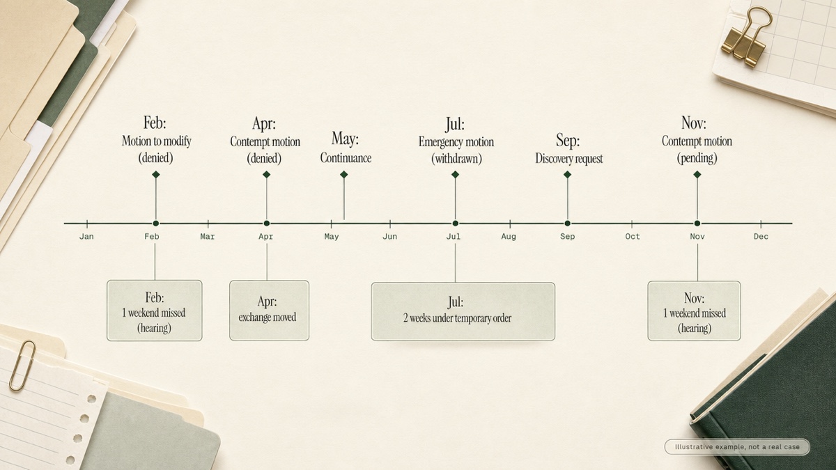 A twelve-month timeline with filings marked above the line and missed or changed parenting time marked below it, showing clusters of disruption that follow each filing.