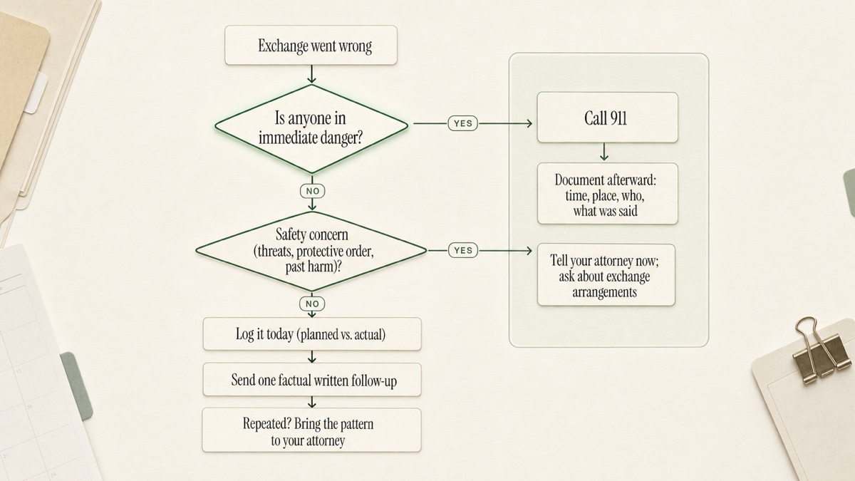 Decision flow starting with 'Is anyone in immediate danger?' Yes leads to calling 911 and then documenting. No leads to the routine path of logging, written follow-up, and pattern review with an attorney.