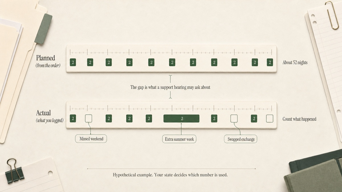 Two horizontal year-long timelines stacked. The top shows evenly spaced planned weekend overnights. The bottom shows the same weekends with several missing and one added summer week, with totals at the right.