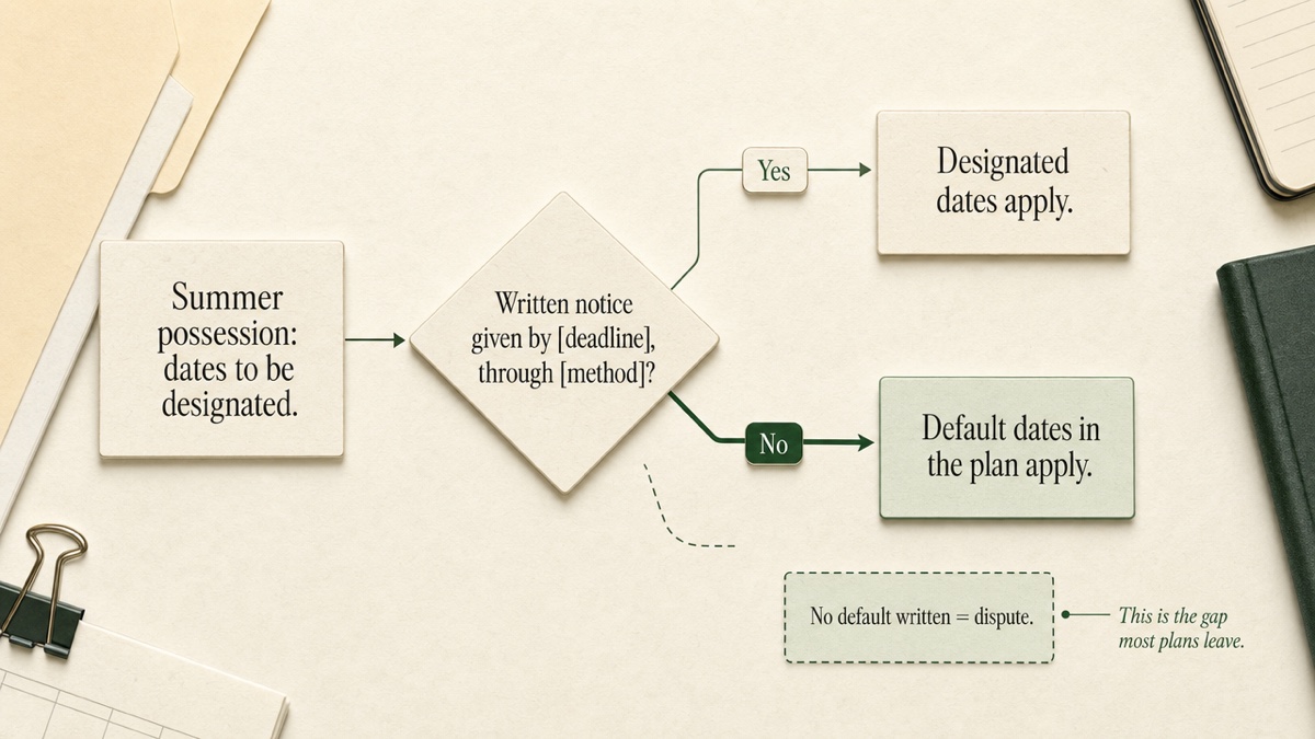 Decision flow for a summer possession clause: if written notice is given by the deadline, the designated dates apply; if not, the plan's default dates apply.