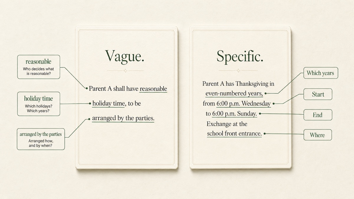 Side-by-side comparison of a vague holiday clause and a specific one, with callouts showing the missing details in the vague version.