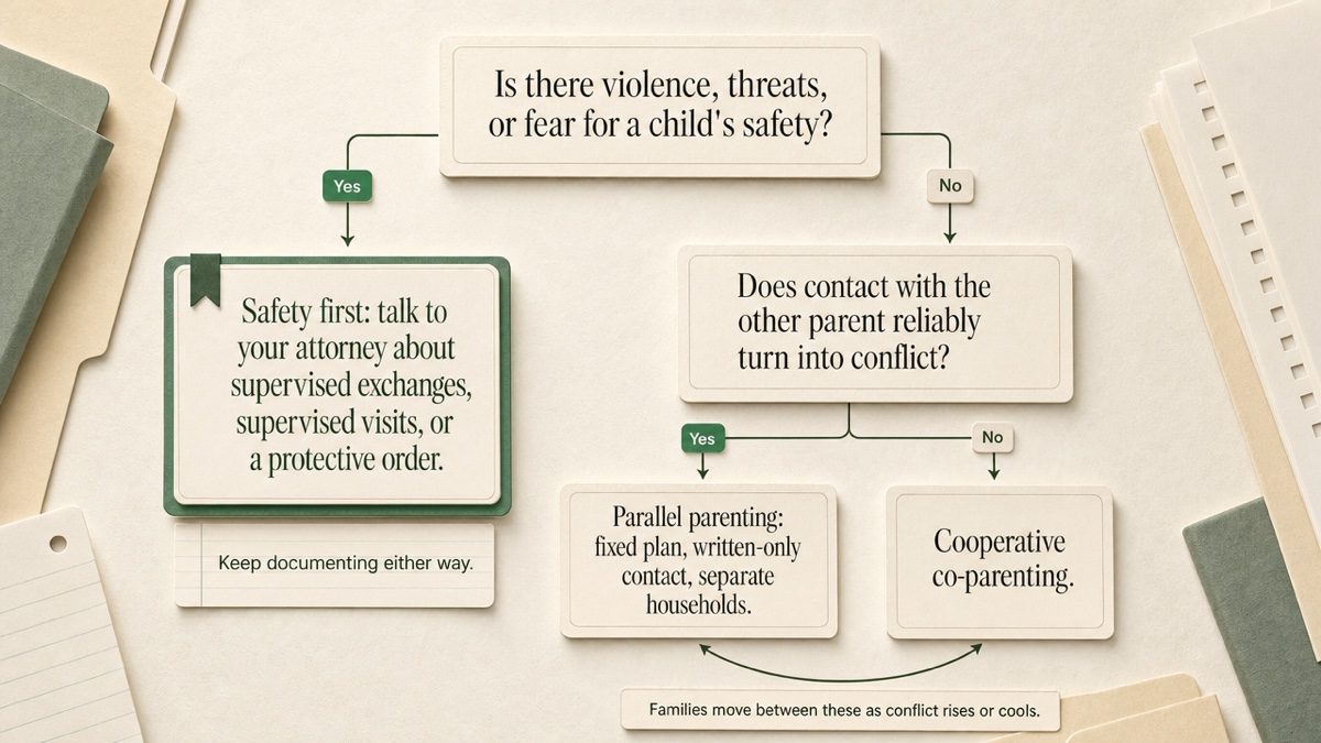 Decision flow: first question is whether there is a safety concern; if yes, talk to an attorney about supervised exchanges or protective orders; if no, ask whether contact reliably turns into conflict; if yes, parallel parenting; if no, cooperative co-parenting, with an arrow back to parallel if conflict returns.