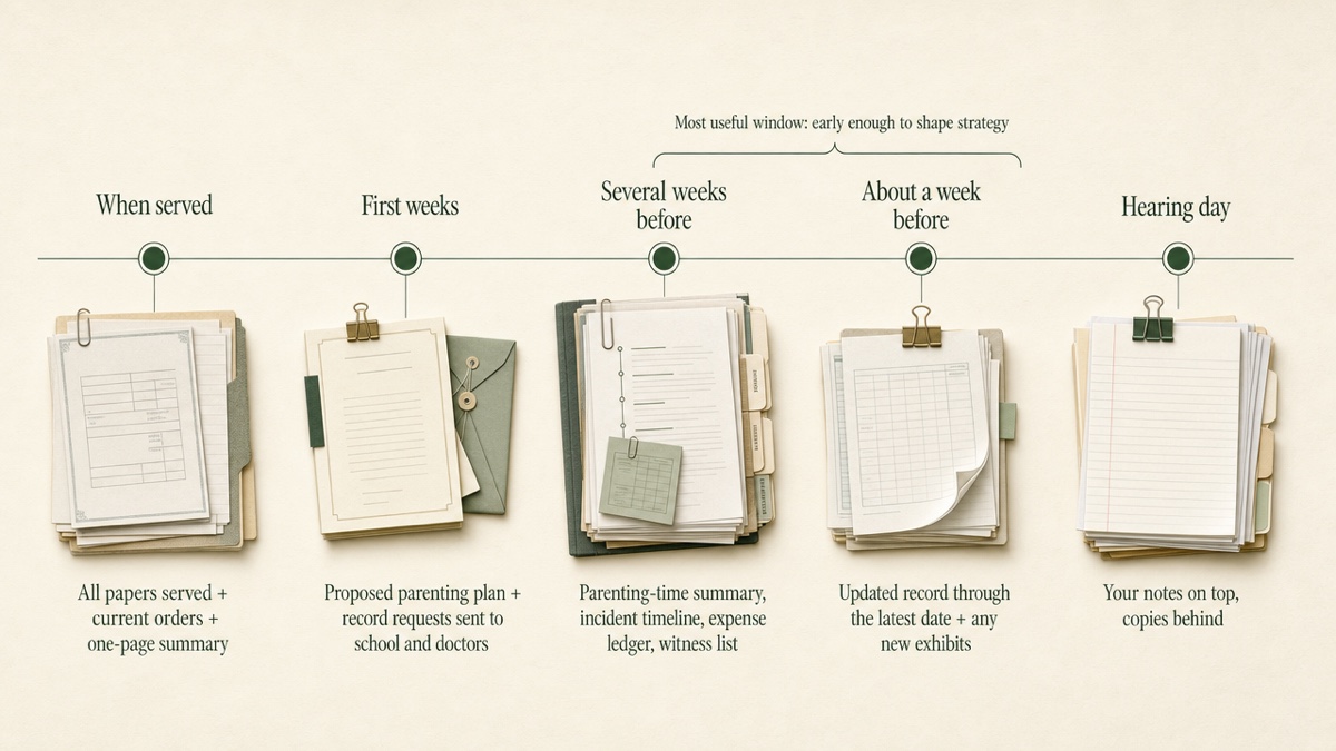 Horizontal timeline from being served to hearing day, with five markers showing which documents to hand the attorney at each stage.