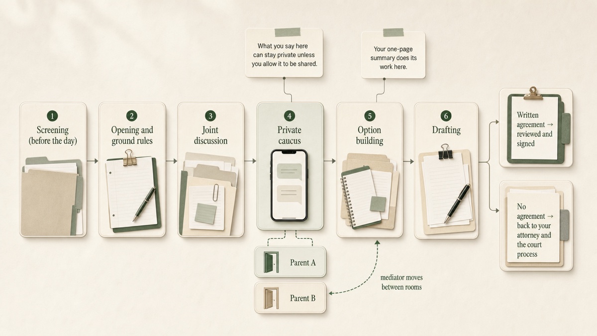 Left-to-right flow of a custody mediation session: screening, opening, joint discussion, private caucuses with each parent, option building, then a fork to either a written agreement or no agreement.