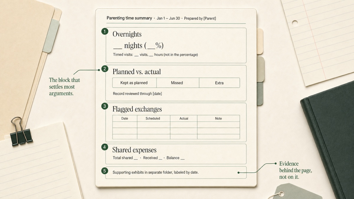 Mock-up of a one-page parenting-time summary with a header, an overnight block, a planned-versus-actual block, a short violation table, and an expense line.