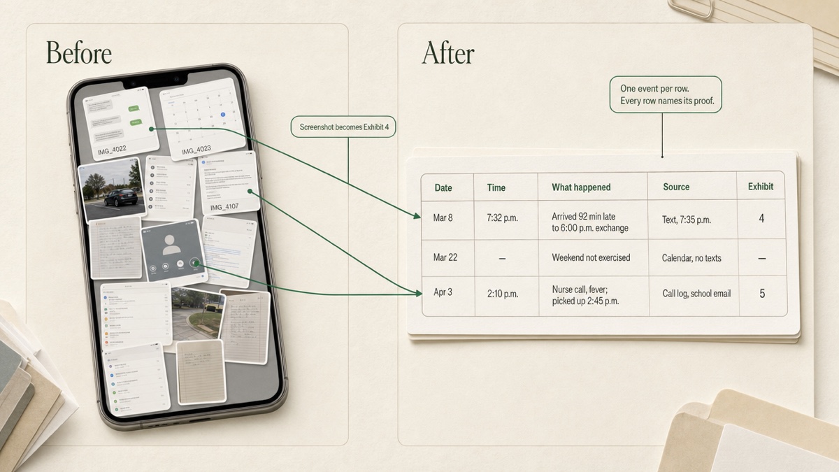 Left: a phone screen with a jumble of unlabeled screenshot thumbnails. Right: a three-row table with date, time, facts, source and exhibit columns, with arrows linking each screenshot to its row.