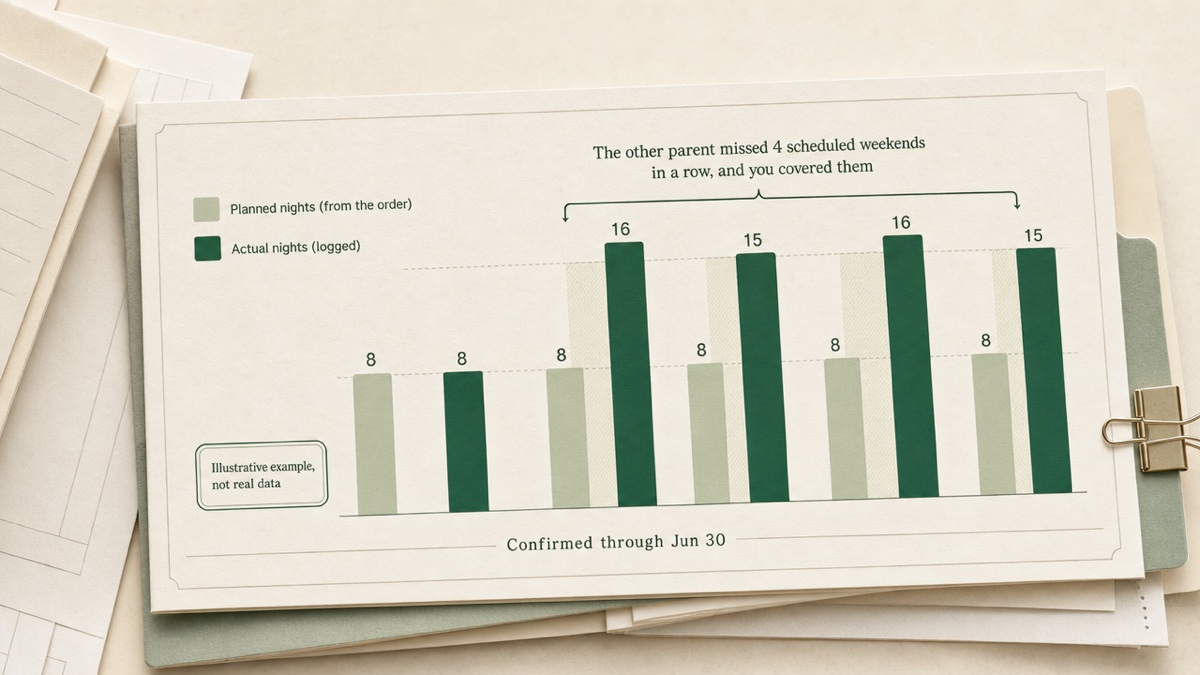Paired bar diagram for six months showing planned overnights and actual logged overnights for one parent, with actual consistently higher from month three onward.