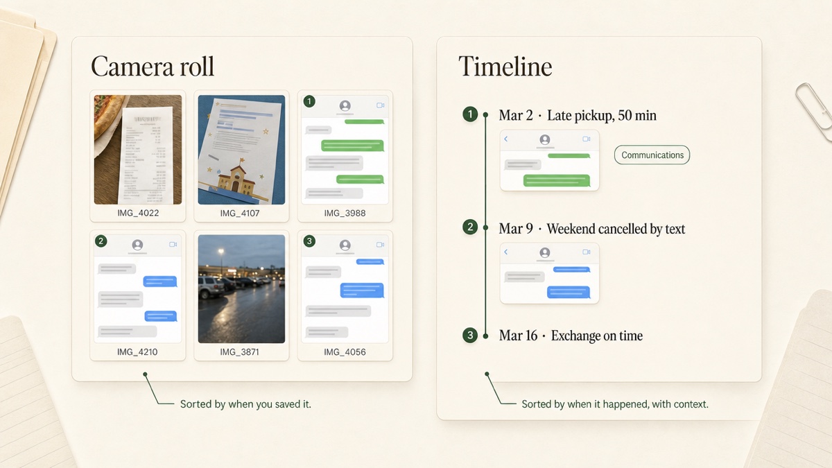 Left, a grid of unlabeled screenshots out of order. Right, a dated timeline where each entry pairs a log note with its screenshot.