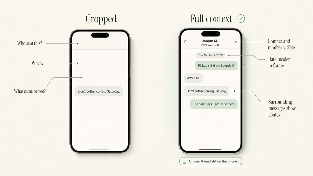 Two phone screenshots side by side. The left shows a single angry message with no contact or date visible. The right shows the same message with the contact name and number, date header, the messages before and after, and a note that the original is still on the phone.