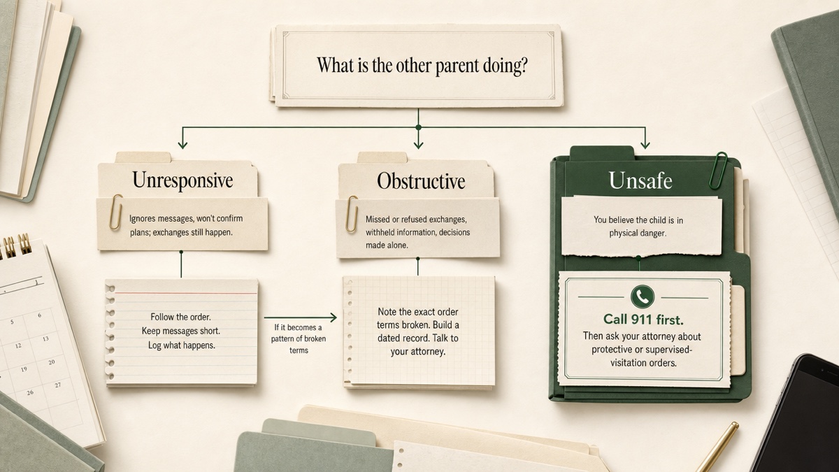 Decision flow with three branches: unresponsive leads to follow the order and log it, obstructive leads to document terms broken and talk to your attorney, unsafe leads to call 911 first.
